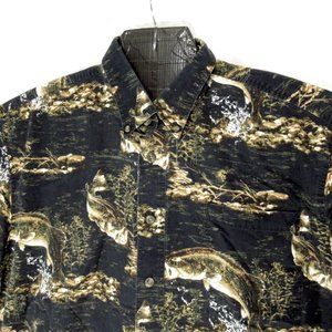Red Head Bass Fishing Print Shirt Button Front Black Long Sleeve LT Large Tall